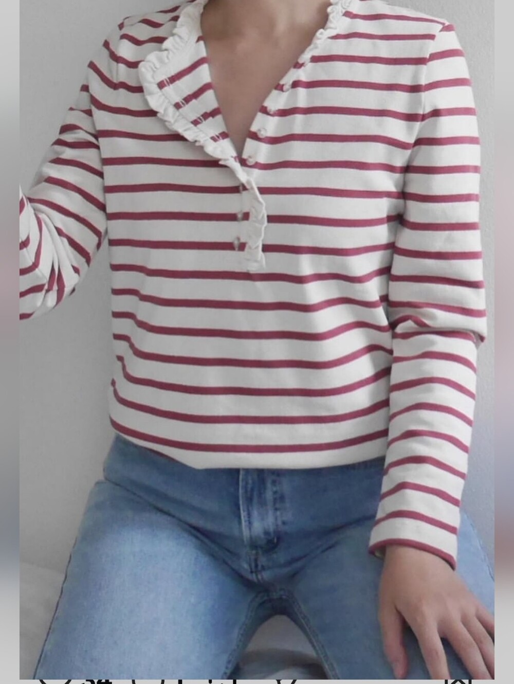 J. Crew Pink and Cream Striped Ruffle Henley